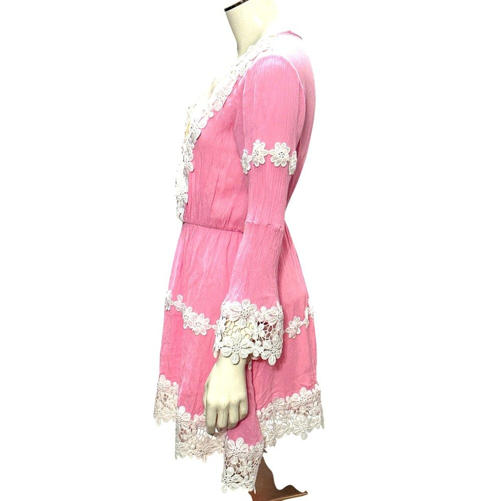 CCC Daisy Lace Trim Long Sleeve Pink Boho Dress Floral Cotton Embroidery Size LG - Picture 5 of 11
